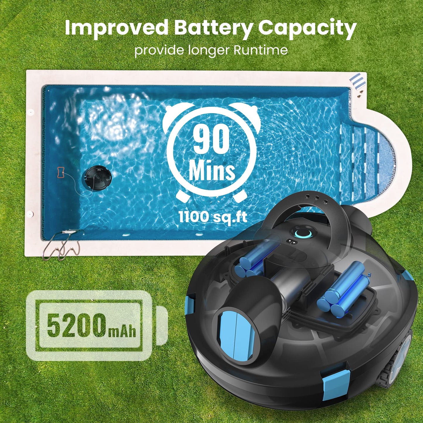 OUCAXIA Y10 Cordless Robotic Pool Cleaner Automatic Vacuum - 90 Mins Runtime, Powerful Suction, Self-Parking, Lightweight for Above/Inground Pools Up to 65ft/1100 Sq.Ft