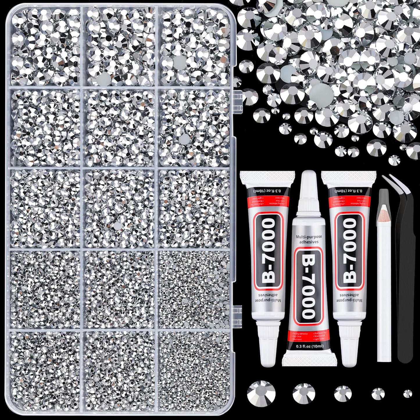 16000Pcs Resin Rhinestones with Tweezers for Crafting, Silver 2-6mm Mixed Sizes Bedazzling Crystal with 3Pcs 10ml B7000 Jewelry Glue for DIY Crafts Clothing Tumblers Shoes Fabric Nail Art