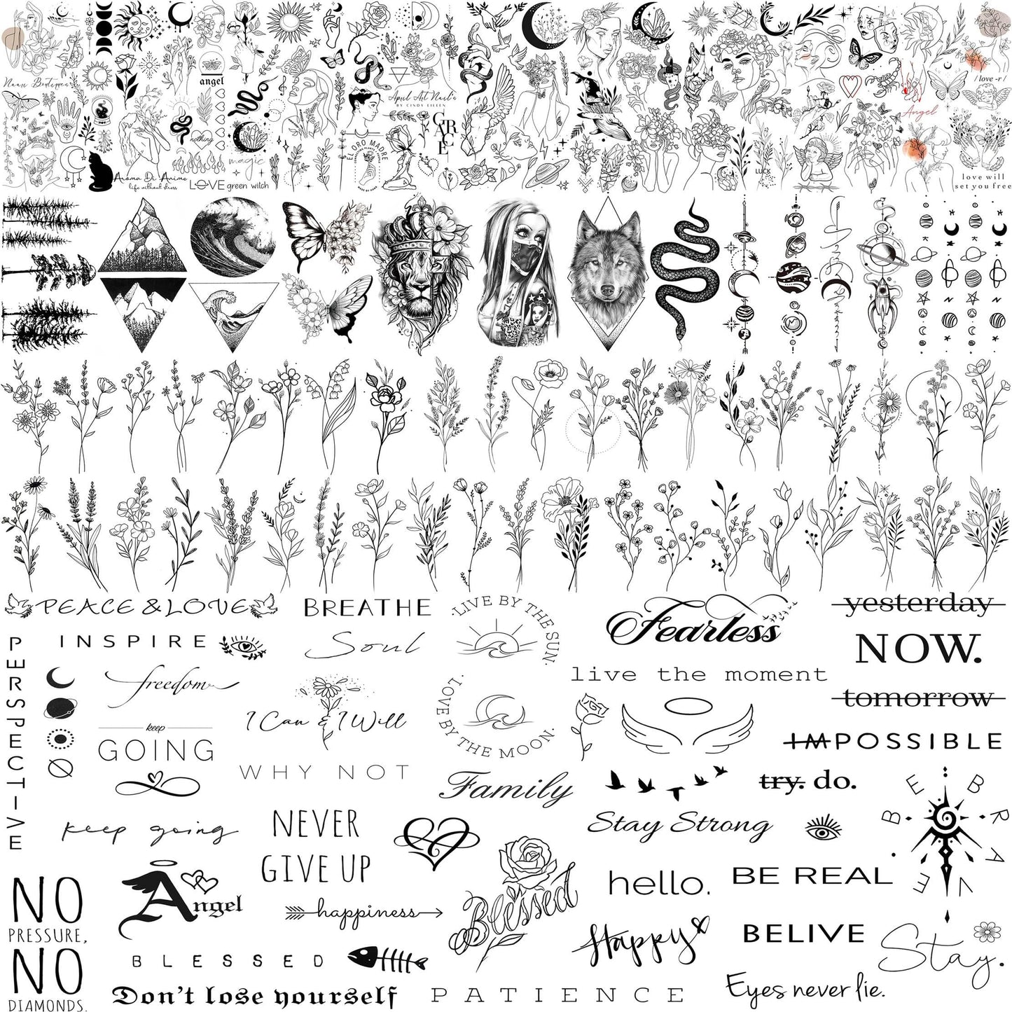 Shegazzi 61 Sheets Inspirational Words Letter Quotes Temporary Tattoos For Women Adult, Realistic Abstract Lavender Wild Flower Floral Bouquet Fake Tattoo Sticker, Mountain Snake Space Star Tatoos Set