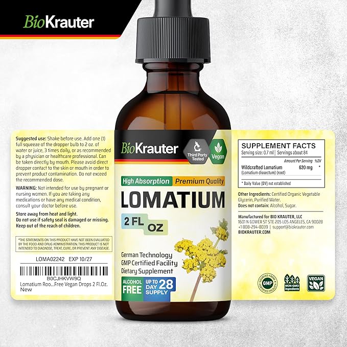 BIO KRAUTER Lomatium Root Tincture - Vegan Respiratory Support Supplement - Lomatium Dissectum Liquid Extract - Alcohol & Sugar Free - 2 Fl.Oz.