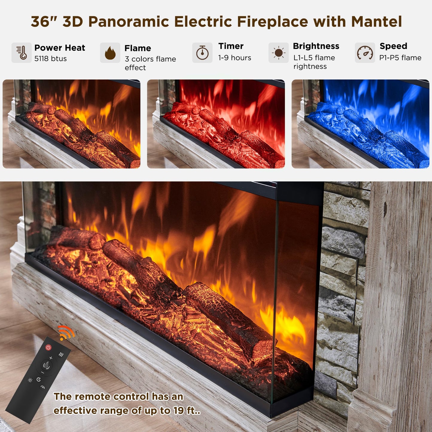 RedLemon Electric Fireplace with Mantel, 3-Sided Glass Farmhouse TV Stand with Fireplace for TVs up to 65", 52" Media Entertainment Center Console with Storage for Living Room, Antique Brush White