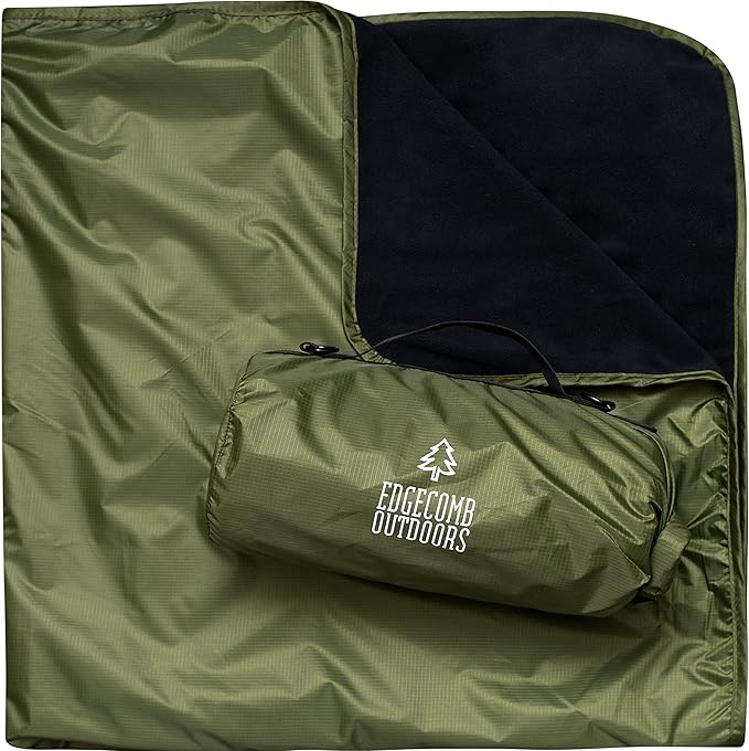 Large Waterproof Outdoor Camping Blanket by Edgecomb, Lightweight Picnic Blanket for Cold Weather, Stadium, Camp, Insulated Windproof, Ripstop Nylon with Waterproof Storage Bag, Micro Fleece (Green)