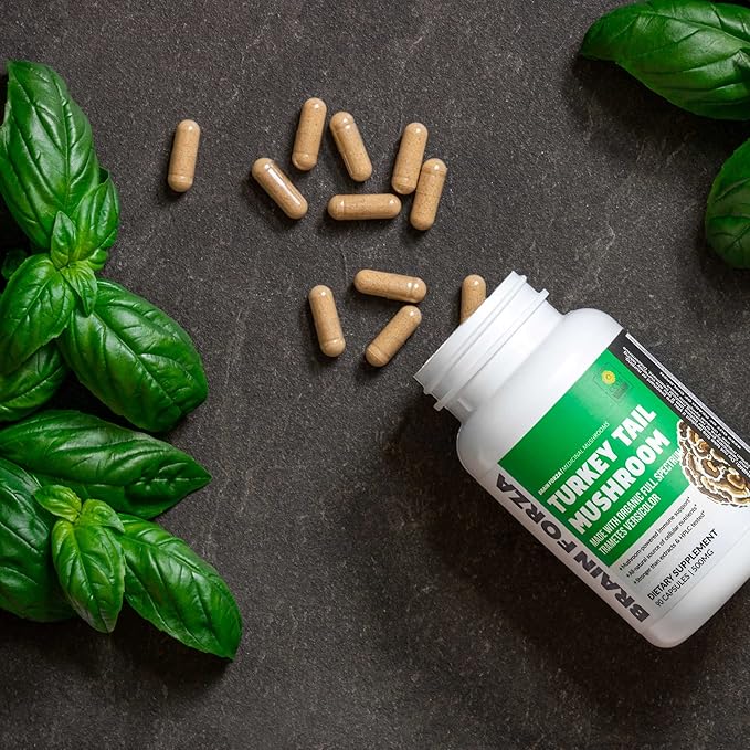 Brain Forza Organic Turkey Tail Mushroom Capsules, Mushroom Powdered Immune Support, Liver and Digest Health Support, Organic Defense Support, Non-GMO, Vegan, Organic, 90 Capsules