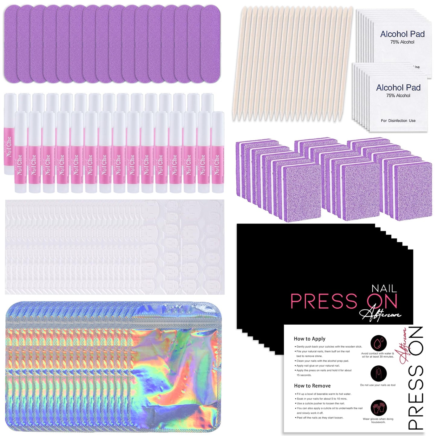 50 Set Press On Nail Tool Prep Kit for Salon Business, Disposable Manicure Kit with Nail File, Buffer, Glue, Prep Pad, Instruction Card, Adhesive Tabs, Wood Stick, Purple Packaging Bag