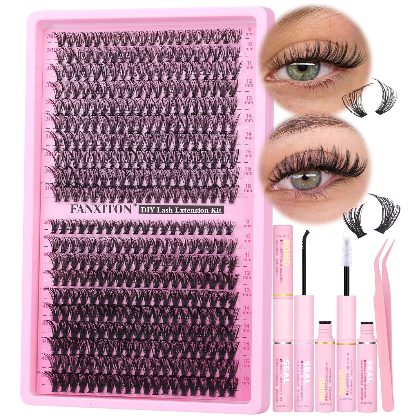 Natural Lash Cluster Kit Thick Eye Lash Clusters Natural Look 30D+40D D 8-16mm Lash Extension Kit Wispy Eyelash Clusters Volume Individual Lashes with Lash Bond and Seal and Tweezers