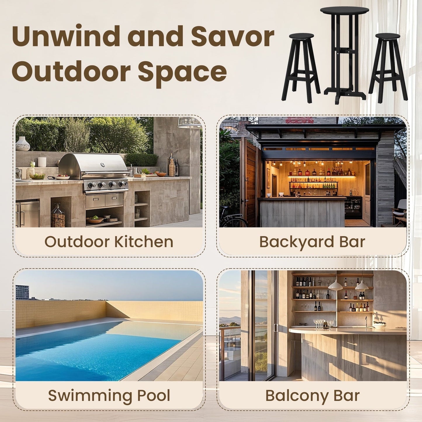 3-Piece Outdoor Bar Set – Weather-Resistant HDPE Bistro Furniture with Bar-Height Table & 2 Swivel Stools for Patio, Poolside, or Indoor Use,Black