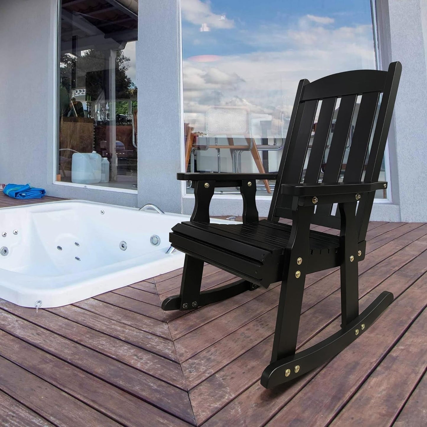 Innovaze Wooden Patio Rocking Chair, Solid Fir Wood, Heavy Duty 600LBS, for Outdoor or Indoor, Black