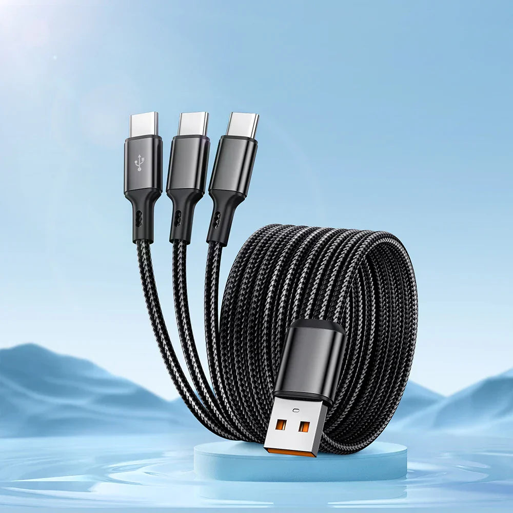3-in-1 USB-A to 3×Type-C 100W Cable