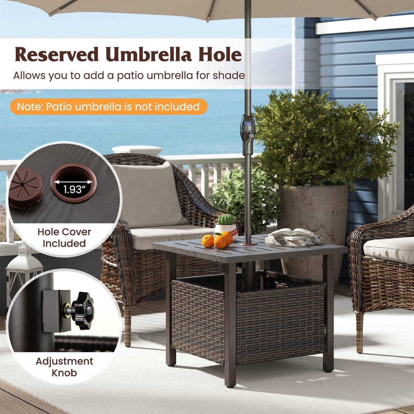 Costway Outdoor Side Table with 1.93" Umbrella Hole Zinc-iron Alloy Tabletop for Poolside