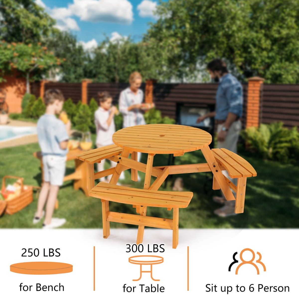 IVV 6-Person Round Wooden Picnic Table with 3 Built-In Benches, Outdoor Patio Dining Table with 2" Umbrella Hole, Fir Wood Picnic Table for Garden, Backyard, Park (Natural)
