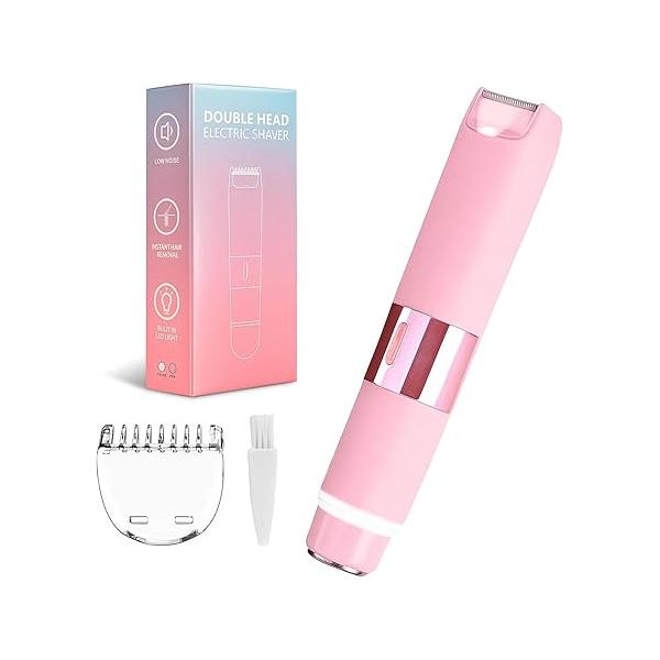 Bikini Trimmer for Women - 2 in 1 Painless Electric Razors Women, IPX7 Waterproof Rechargeable LED Dual Head Shaver Lady Underarm, Body, Leg, Face Hair Remove Pink