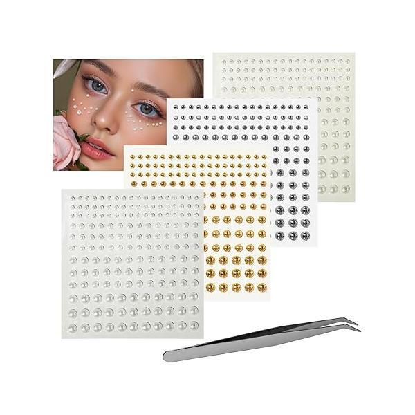 BOROLA 660Pcs Self-Adhesive Face Body Gems Pearl Rhinestone Stickers for Lips Nose Eyebrows Hair No Piercing Needed Jewels Makeup Kit Includes Tweezers Women DIY Nail Festival Party Cosplay