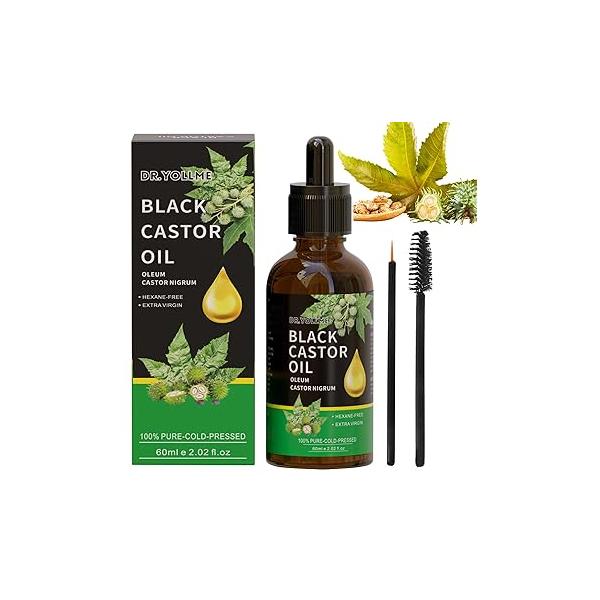 Black Castor Oil, 100% Pure Cold Pressed, Hair growth, Full Eyelashes & Eyebrows, Moisturize skin, Rich in Vitamins and Fatty Acids 2Fl Oz, 60ml
