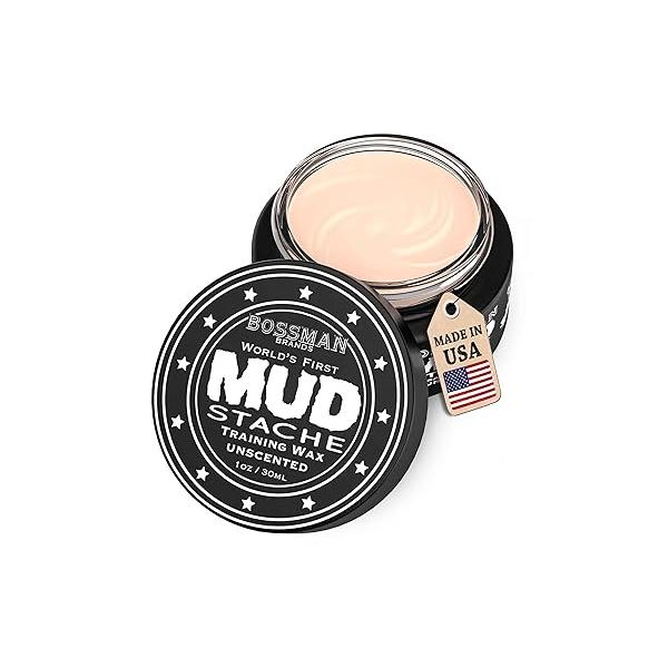 Bossman MUDstache Unscented Mustache Wax for Men (1 oz) - Strong 24-Hour Hold, Non-Tacky & Easy to Apply Taming Styling