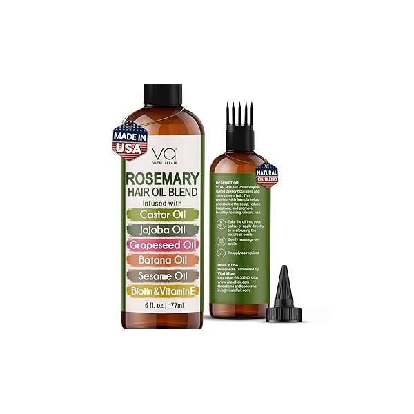 Blend Of Pure Rosemary Oil With Castor, Batana, Jojoba - Infused Biotin & Vitamin E-Blend of Effective Hair Oils for Growth-Strengthening Treatment 6 Fl Oz