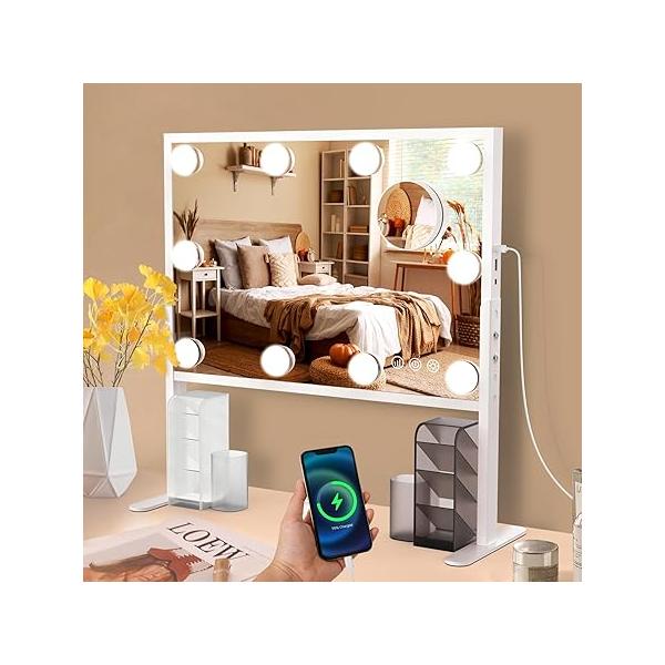 BESTOPE PRO Vanity Mirror with Lights, 15.7" x 20.8" Height & Brightness Adjustable Hollywood Mirror, Lighted Makeup Storage,3 Color Lights,10X Magnification,USB Charging Port, Women Gifts