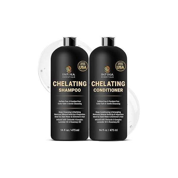 Chelating Hard Water Shampoo and Conditioner Set with Chelactik-3 & Rosemary Oil - Color Safe Metal Detox for Mineral Build-Up Swimmers Hair 16 fl oz each