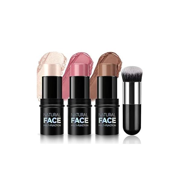 3 Pcs Cream Blush Contour Highlighter Stick for Cheeks Eyes Lips Lightweight Dewy Finish Waterproof Long Lasting Trio Wand Face Makeup Set Girls and Women (2+5+6)