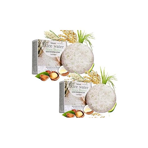 2Pcs Rice Water Shampoo Bar for Hair Growth, Protein Bulk, Root White Coverage Darkening, Volumizing and Strengthening