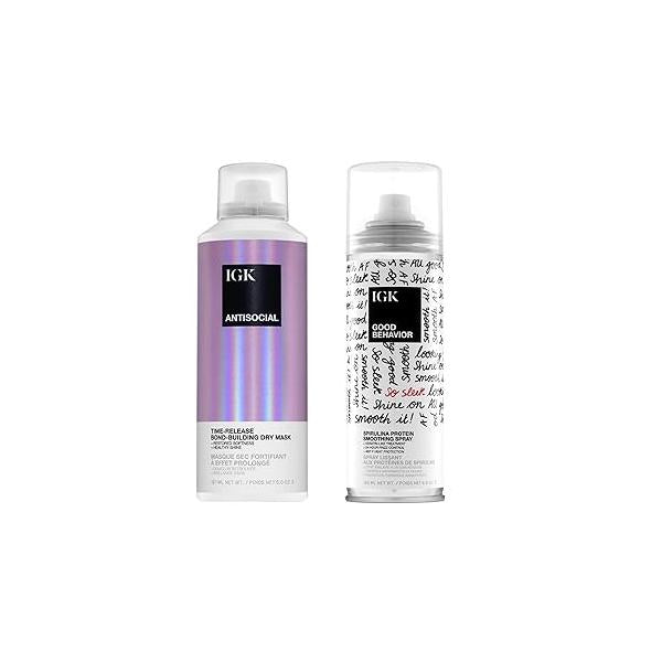 IGK Hair Treatment Full Size Set | Antisocial Dry Mask + Good Behavior Spirulina Spray Overnight Bond-Building Keratin Like Smoothing Vegan Cruelty-Free of 2