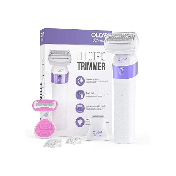 Bikini Trimmer for Women, IPX7 Waterproof Wet & Dry Electric Razors Legs Underarm Pubic Hairs Rechargeable Shaver with 2 Heads and Travel