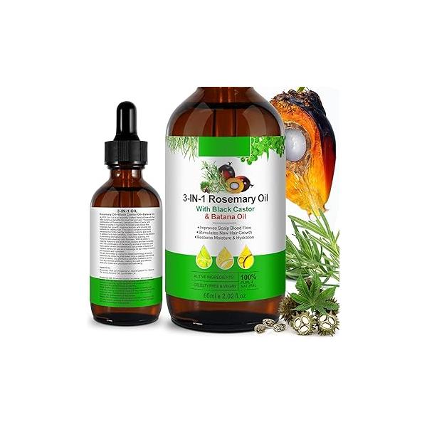 3-IN-1 Rosemary, Black Castor & Batana Oil - Hair Growth, Skin Eyelash Care, Strengthening for All Types (60ml)