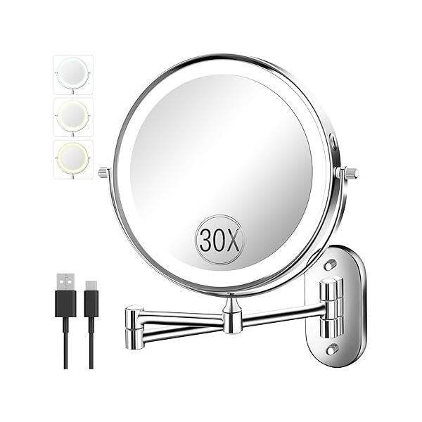 30X/1X Wall Mounted Lighted Makeup Mirror, 8'' Double Sided Rechargeable Magnifying Bathroom Mirror with Light, 3 Color Lights Touch Dimmable Extended Arm 360 Rotation Light up Mirrors