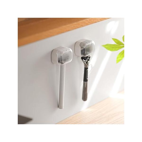 BEZOX Wall Mounted Razor Holder (2-Pack) - Auto-Closing Dust Cover, No-Drill Adhesive Mount Razors Hanger for Shower & Bathroom Sleek Stand Men, Safety Organizer with Secure Hooks