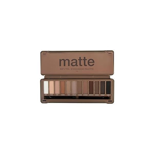 BYS 12 Shade Matte Eyeshadow Palette Tin Collection with Mirror, Double Ended Applicator and Blender, Nude Smoke