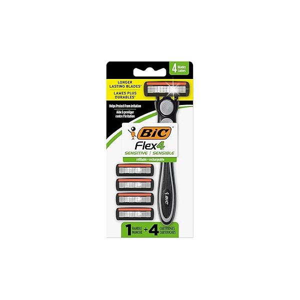 BIC Flex 4 Men's Refillable with Blade Razors, Durable and Long-Lasting Lubricating Strip, 1 Handle Cartridges, 4-Pack