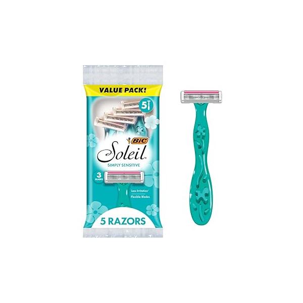 BIC Soleil Simply Sensitive Women's Disposable with 3 Blade Razors, Smooth Shave Moisture Strip, 5-Pack