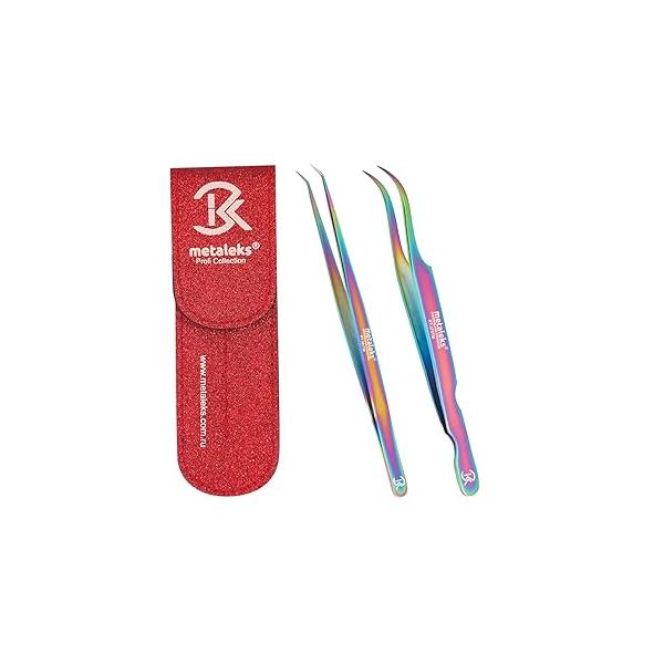 2Pcs Eyelash Extension Tweezers Set Made of Japanese Stainless Steel with Pouch (Multi Titanium Coated)