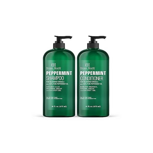 BOTANIC HEARTH Peppermint Oil Shampoo and Conditioner Set - Hair Blooming Formula with Keratin Fights Loss & Thinning, Promotes Growth-Sulfate Free for Men Women 16 fl oz x 2