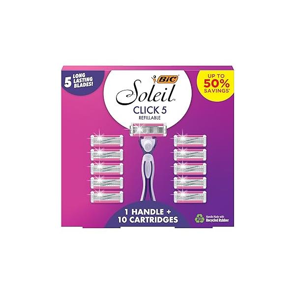 BIC Soleil Click 5 Women's Refillable Blade Razors, Perfect for Gift Sets Women, 1 Handle and 10 Cartridges, 11-Pack
