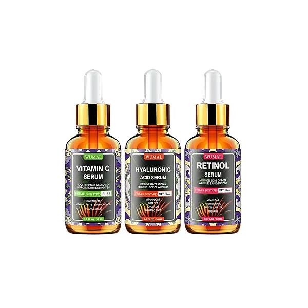 3 Pack Face Serum Set - Includes Vitamin C, Retinol & Hyaluronic Acid Firming, Brightening Hydrating Reset Your Skin Day and Night