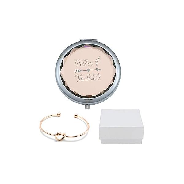 Bride Tribe Champagne Compact Pocket Makeup Mirror with Rose Gold Knot Bracelet and Gift Box for Bachelorette Party Wedding Proposal