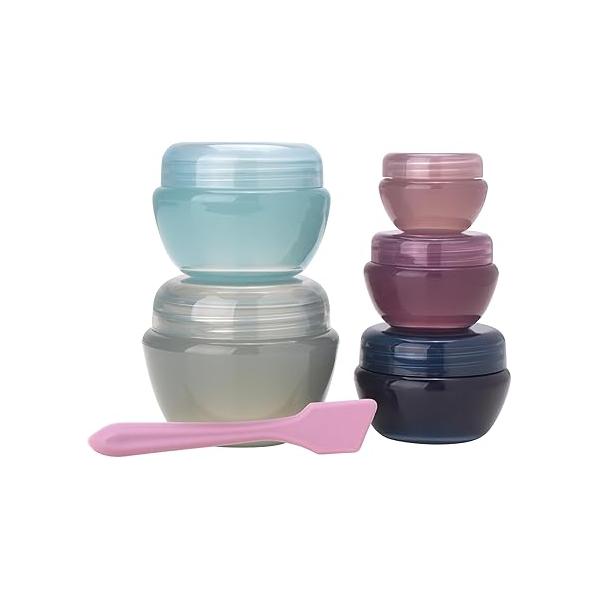 Bliss Travel Containers - 5 Pack Leak Proof Tapered Jar Set with Lid and Spatula Small for Creams, Lotions, Vitamins, Jewelry, Multi