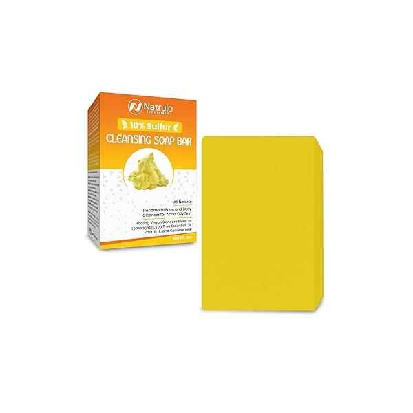 10% Sulfur Soap Cleansing Bar for Face & Body - All Natural Facial Cleanser Acne, Oily Skin Healing Skincare Blend of Lemongrass, Tea Tree Essential Oil, Vitamin E, Coconut Milk Made in USA