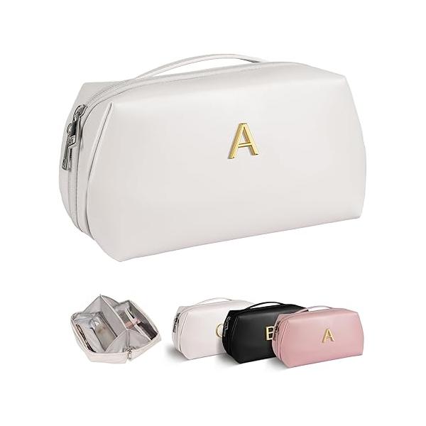 Bridesmaid Gifts - Initial Makeup Bag for Women Girls, Birthday Women, Self Care Thank You Idea, Gift Basket Woman, Large Capacity & Wide Open Cosmetic Toiletry Bags
