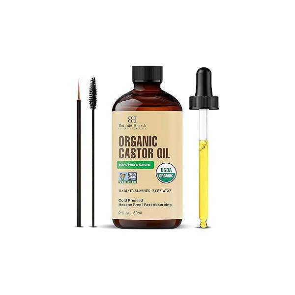 Botanic Hearth Castor Oil (2 fl oz) | USDA Organic 100% Pure, Cold Pressed & Hexane Free For Hair, Eyelashes, Eyebrows Scalp Treatment With Lash Brow Brush