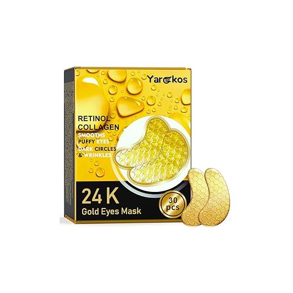 30 Pcs 24K Gold Under Eye Patches Kit, Collagen Golden Mask for Puffy Eyes, Dark Circles, Women Travel Undereye Gel Pads Puffiness Wrinkle, Men Cooling Hydrating Skin Care