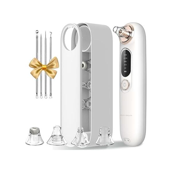 Blackhead Remover Pore Vacuum Kit for Face, 5 Adjustable Suction Levels Extraction Tool, Face Cleaner with 4 Heads, Probes Women & Men (White)