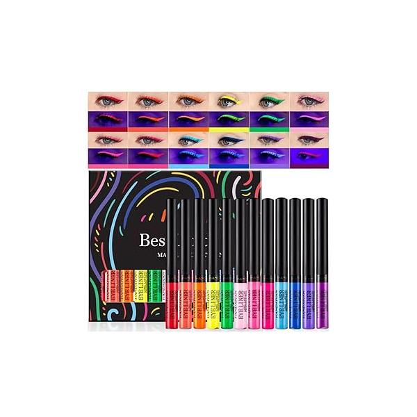 BestLand 12 Colors Matte Liquid Eyeliner Set Colorful UV Neon Pencil Pigmented Waterproof Smudgeproof Long Lasting Eye Liner Xmas Christmas Festival Makeup Gift Kit for Women (Set C)