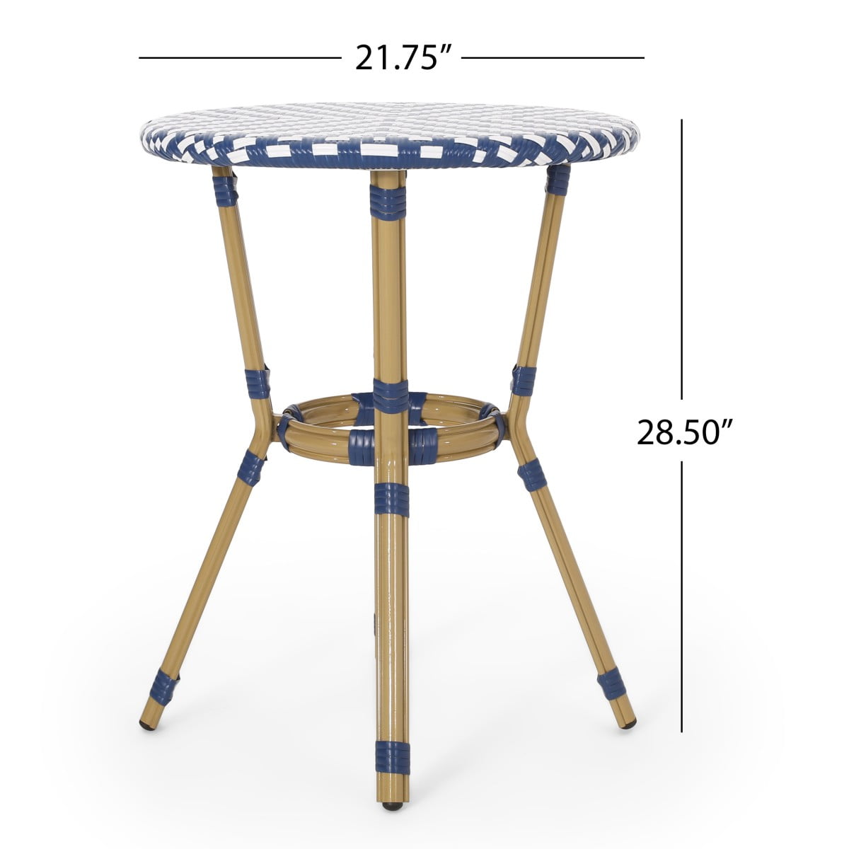 IVV 21.75” Round Bistro Dining Table with Aluminum Frame and Rattan Top in Blue/White, French Country Style for Indoor/Outdoor Use