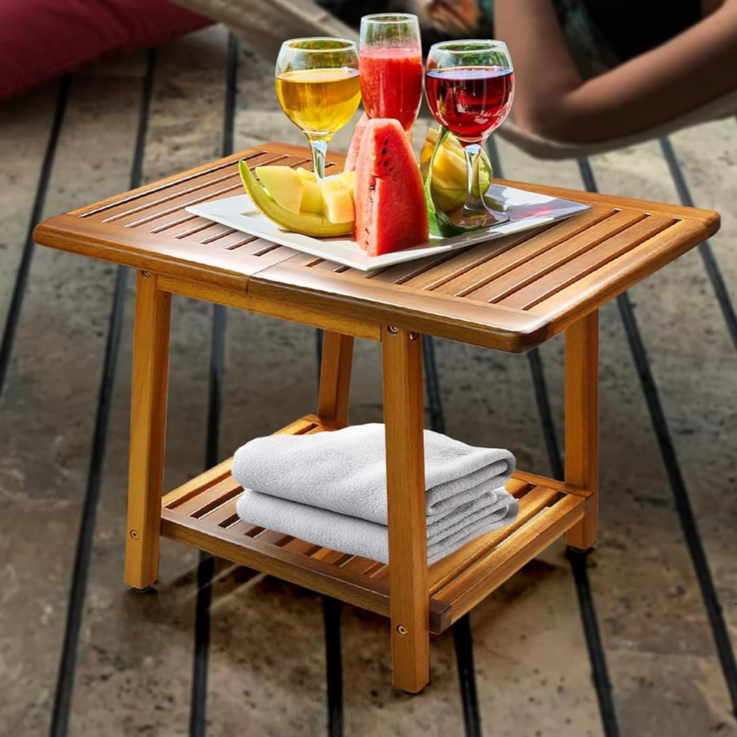 24 inch outdoor side table, 2-story sturdy terrace, weather resistant side table, strong stability, suitable for terraces, swimming pools, porches, teak veneer