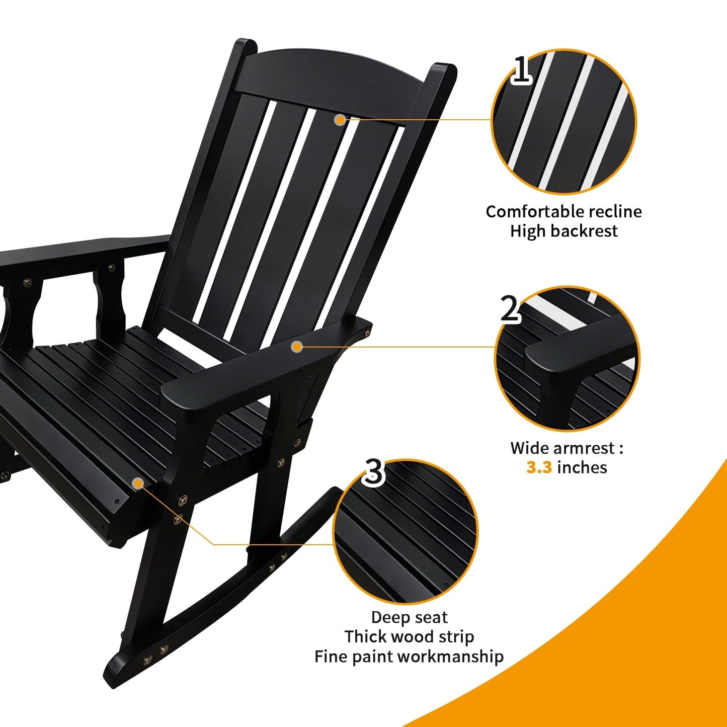 Innovaze Wooden Patio Rocking Chair, Solid Fir Wood, Heavy Duty 600LBS, for Outdoor or Indoor, Black