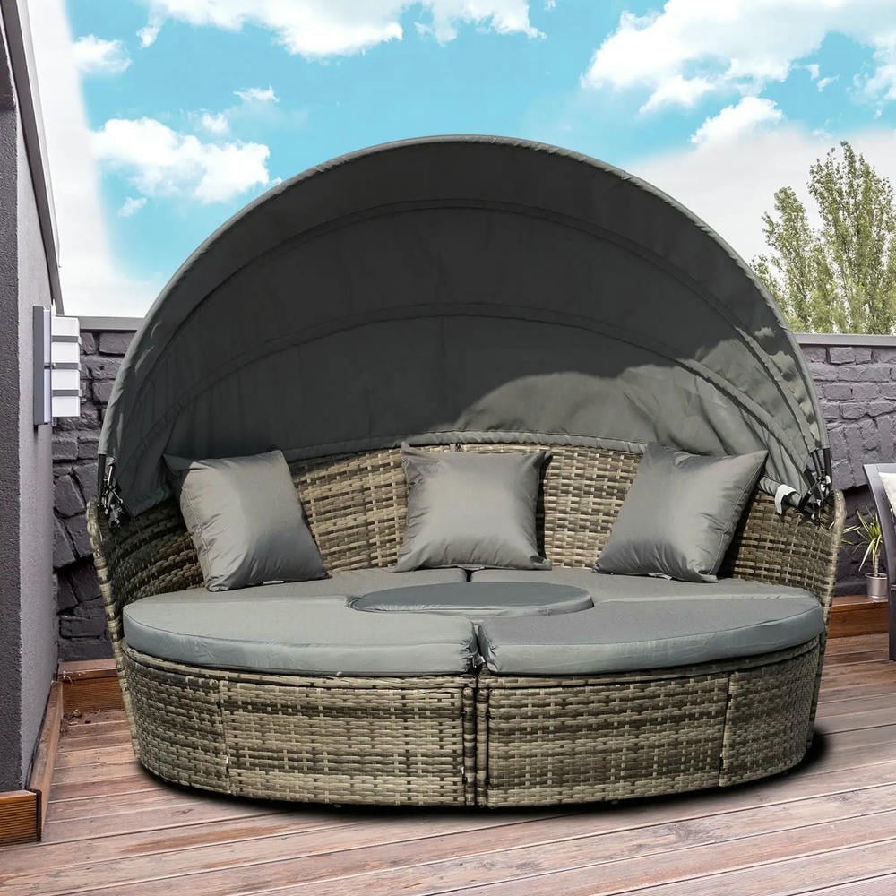 GVN Outdoor Daybed Set, Outdoor Bed Loveseat Set,4-Piece Round Convertible Daybed, Outdoor PE Rattan Patio Wicker Sofa Set with 2 Chairs, Table, 3 Pillows, Dark Gray