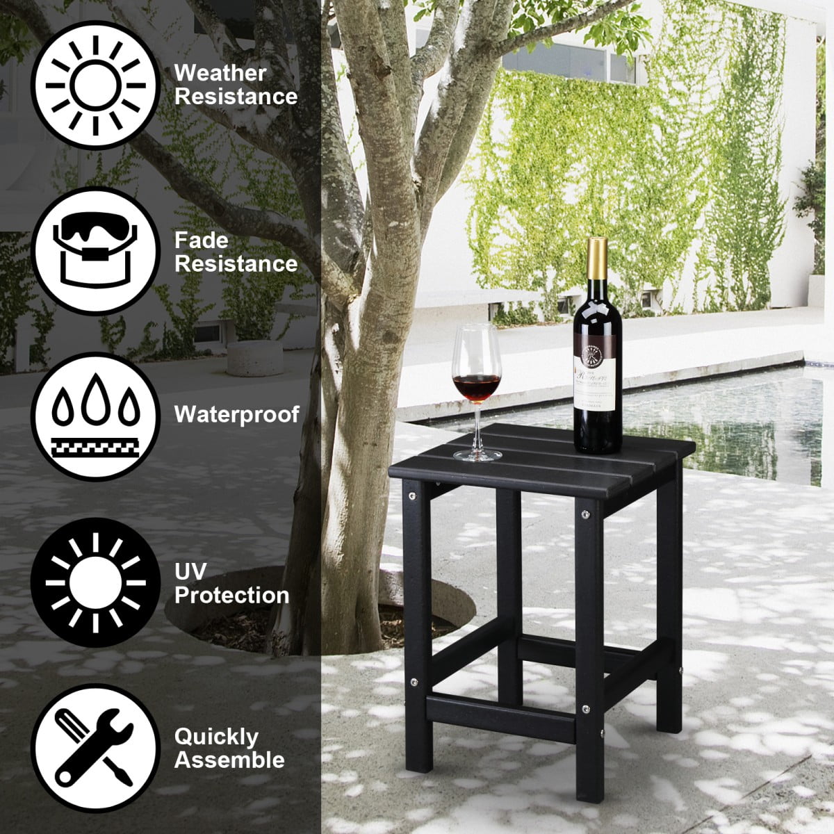 IVV 14" Square Outdoor Patio Side Table, Waterproof HDPE End Tables for Backyard Pool Porch Garden Lawn (Black)
