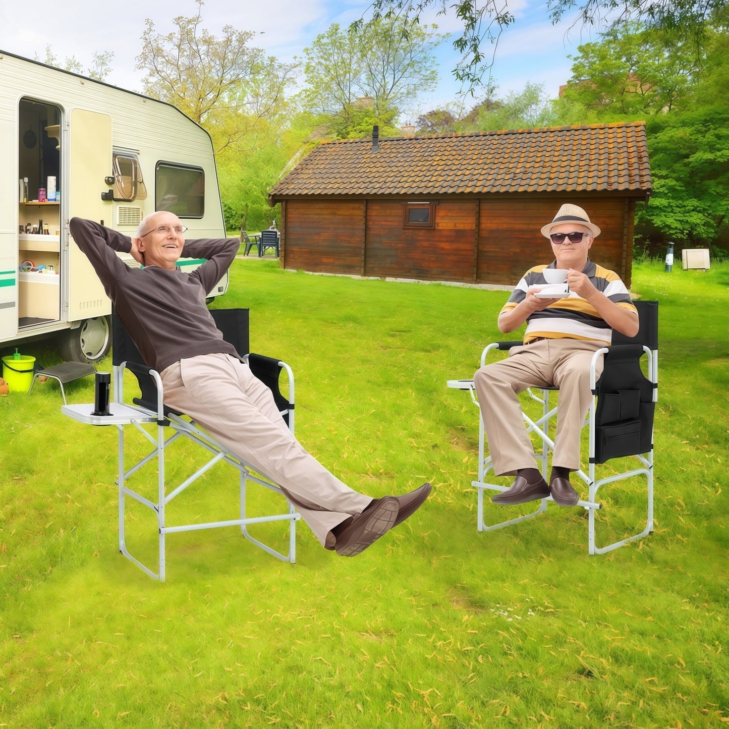Gundir Tall Director Chair, Adult, Folding Camping Chair with Side Table, Cup Holder and Storage Bags