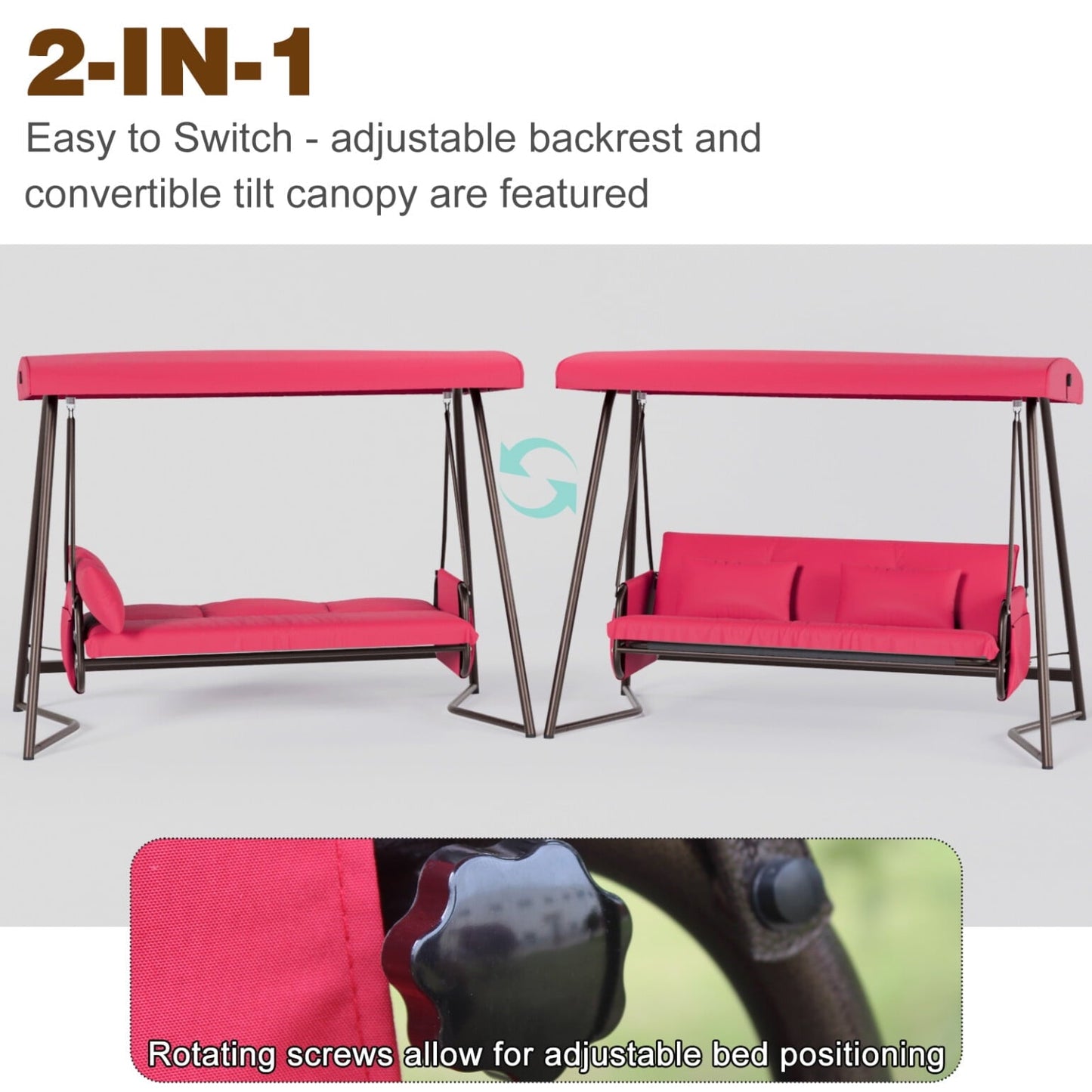 3-Seater Outdoor Patio Metal Swing Chair with Cushion and Adjustable Canopy, Comfortable Leisure Swing Bed with Adjustable Backrest, for Yard, Patio, Garden, Red